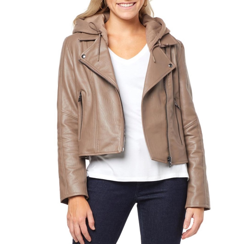 Blank NYC Medium Taupe Vegan Leather Hooded Cropped Moto Jacket